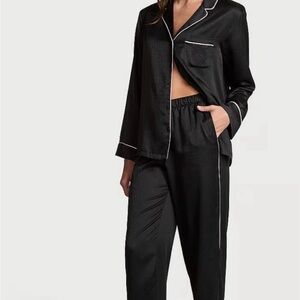 Black Satin Pajama Set with White Piping